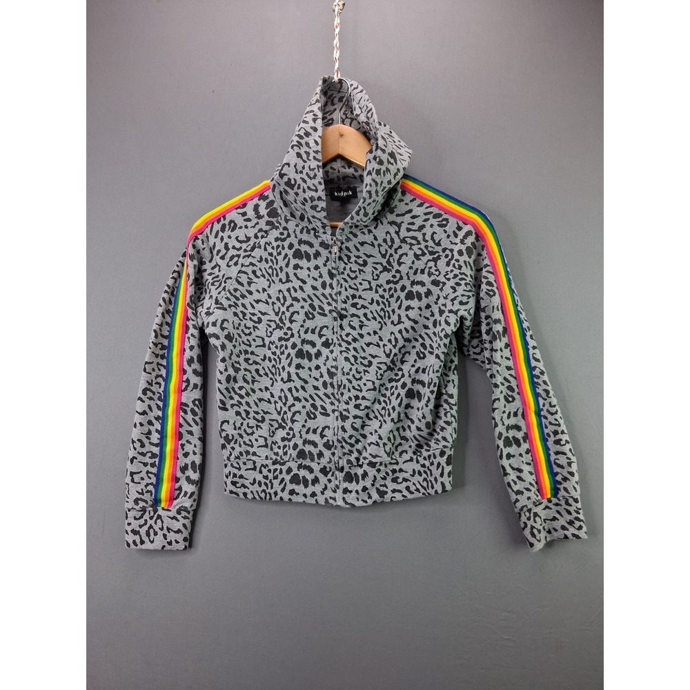 Kidpik Girls Leopard Print Zip Up Hoodie L 12 Grey Rainbow Stripe Sweatshirt